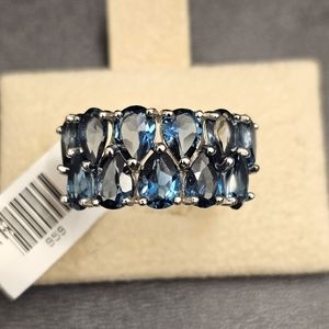 London Blue Topaz pear shape cluster band ring. 925 silver, size 7